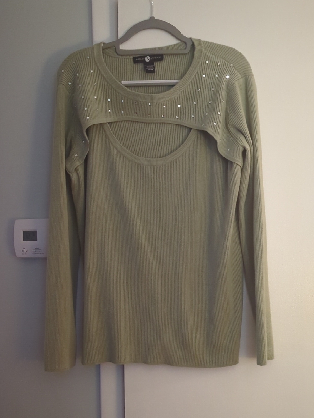 Ashley Stewart Sage Ribbed Long-Sleeve Cutout Top with Stud Accents
